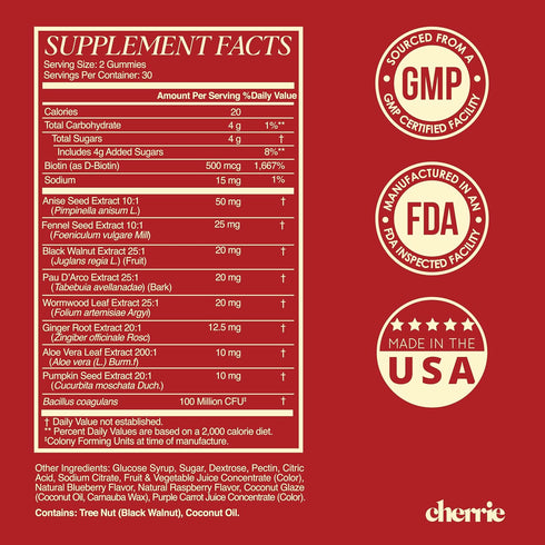 Gummies 60 Count CHERRIE Vaginal Probiotic for Women, Balanced pH, Healthy Odor, Yeast Balance & Flora Support