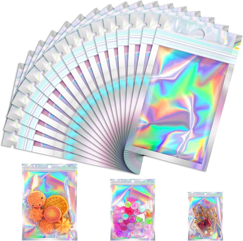 JETMORE 100 Pcs Smell Proof Mylar Bags with Clear Window, Resealable Holographic Bags for Snack, Jewelry, Gift