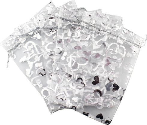QIANHAILIZZ 5 x 7 Inch 100 pcs Heart Flower Organza Jewelry Gift Pouch, Candy Pouch Drawstring Wedding Favor Bags
