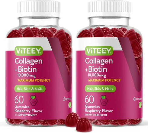 Collagen and Biotin Gummies for Hair, Skin, and Nails, Raspberry Flavored Chewable Vitamins for All Ages