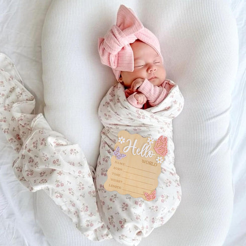TERJIO Butterfly Daisy Hello Worid Board - Little Butterfly Birth Announcement Sign, Wooden Hello World Card