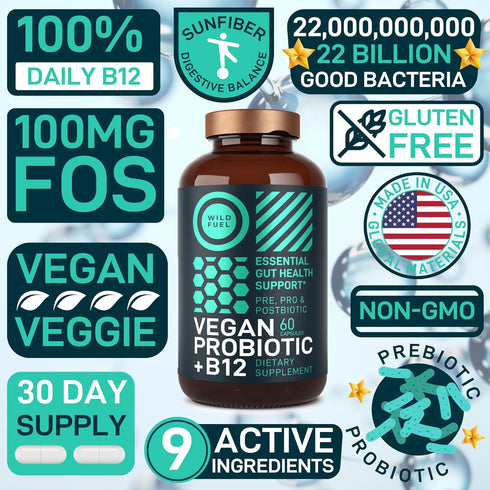 Vegan Probiotic Plus B12 - 22 Billion CFU Synbiotics for IBS, Digestive & Gut Health, Mood Support - 60 Gluten-Free