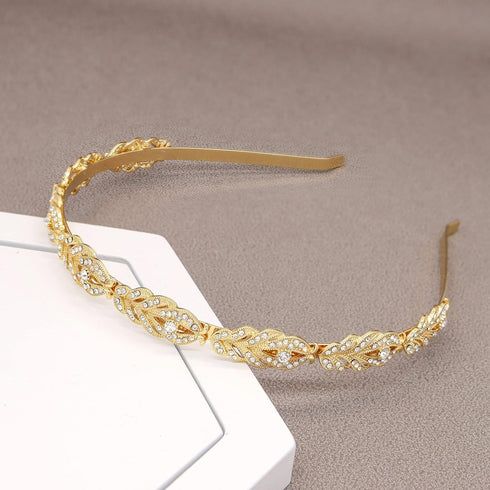 Oriamour Bridal Headband - Simple Flower Design Rhinestone Crystal Headpieces, Gold