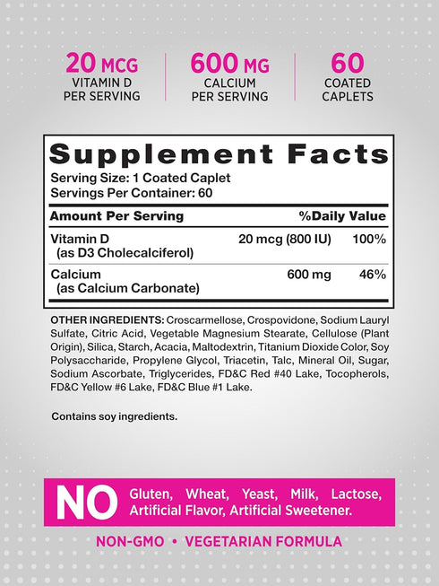 Calcium 600mg with Vitamin D3 | 60 Count | Calcium Carbonate Supplement | Vegetarian, Non-GMO & Gluten Free | by Nature's Truth