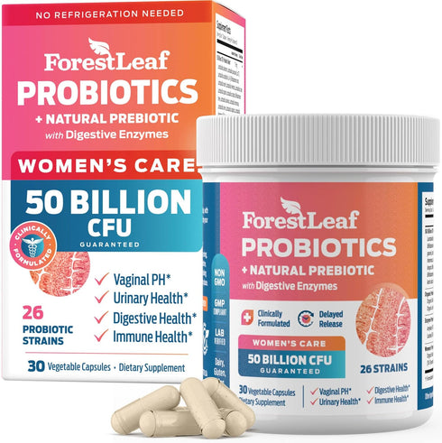ForestLeaf Womens Probiotic 50 Billion CFU with Organic Prebiotics, Digestive Enzymes, Cranberry & D-Mannose (30 Caps)