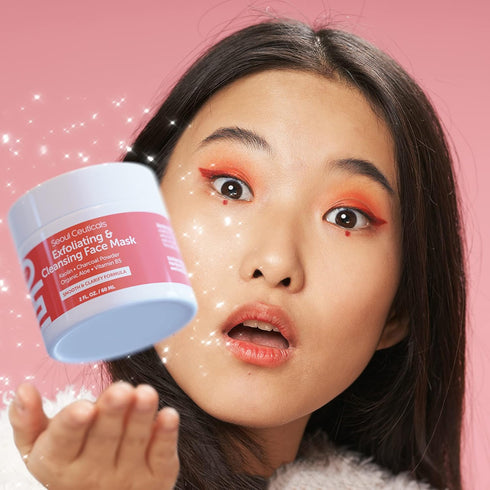 SeoulCeuticals Korean Face Scrub, 2oz, Exfoliating Face Mask for Glass Skin - Kaolin Clay + Charcoal Cream Exfoliant