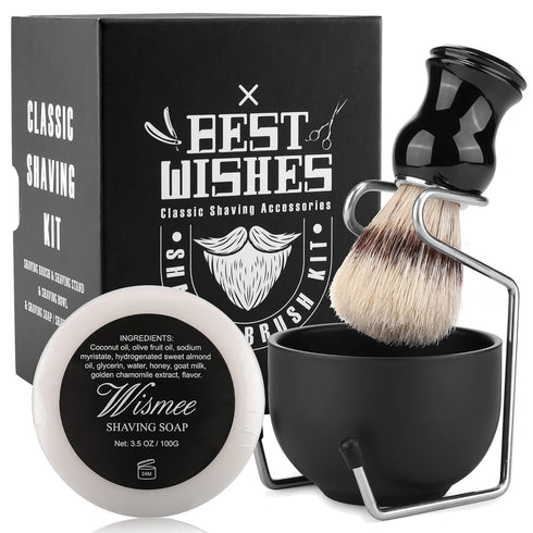 Men's Shaving Brush Set with Boar Bristle Brush, Stainless Steel Bowl & Stand, 3.5Oz Shaving Soap, Gift for Him