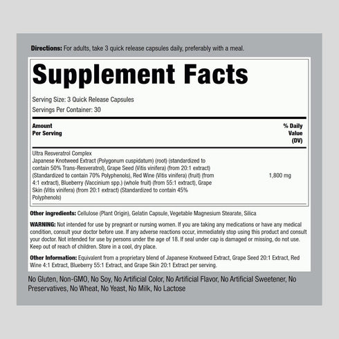 Piping Rock Resveratrol Complex 1800 mg | 90 Capsules | Ultra Potent | Non-GMO, Gluten Free Supplement