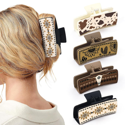 Western Leather Hair Claw Clips, Sunflower Floral Square Claw Clips for Hairstyling, Cowhide Accessories
