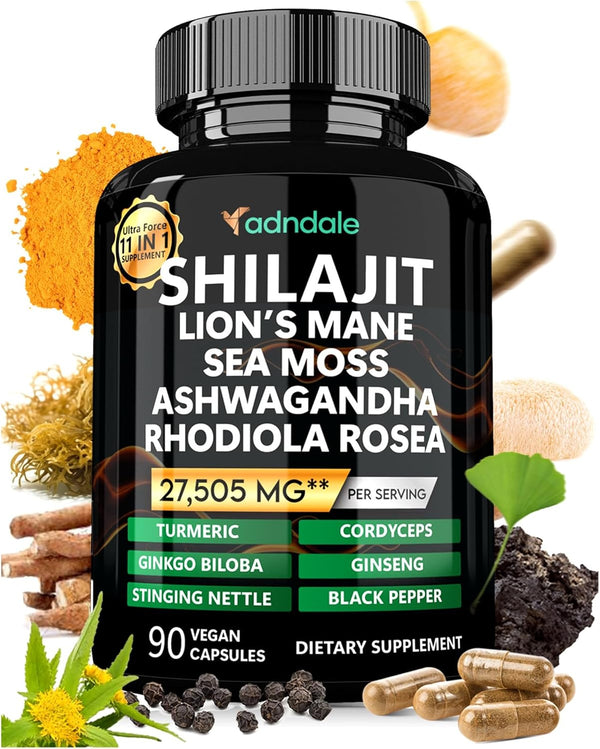 Shilajit Pure Himalayan Organic - 11-in-1 Shilajit Capsules with Sea Moss, Ashwagandha, Turmeric, 27,505 mg/Serving