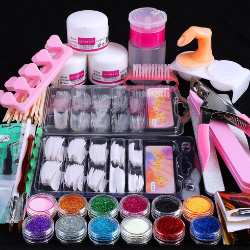 Nail Kit Set Professional Acrylic - 12 Glitter Acrylic Powder Kit with Nail Art Tips, Decoration, DIY Tools for