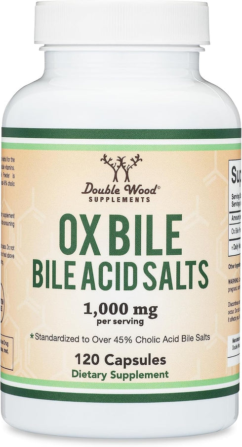Ox Bile Supplement for No Gallbladder, 1,000mg Per Serving, 120 Capsules for Bile Salt Deficiencies