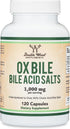 Ox Bile Supplement for No Gallbladder, 1,000mg Per Serving, 120 Capsules for Bile Salt Deficiencies
