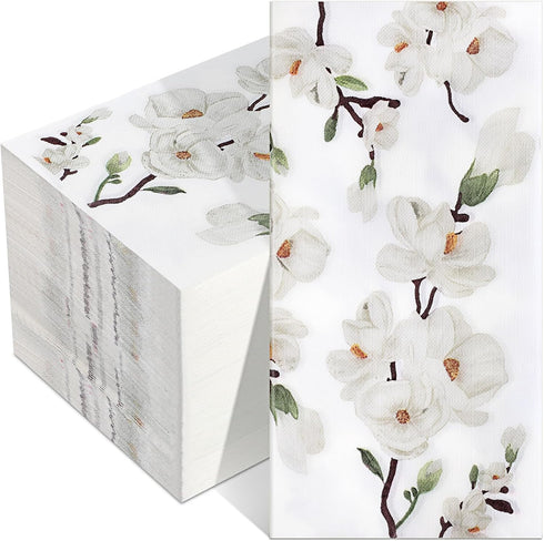 Outus 200 Pcs Floral White Magnolia Guest Napkins 3 Ply Spring Flower Dinner