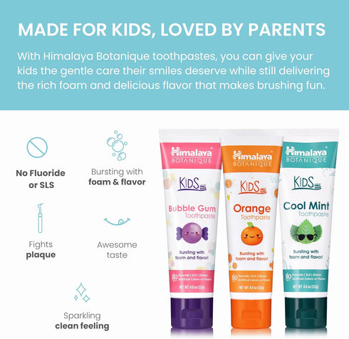 Pack 4 oz (Pack 3) Himalaya Botanique Kids Toothpaste with Xylitol, Variety of Bubble Gum, Orange & Cool Mint