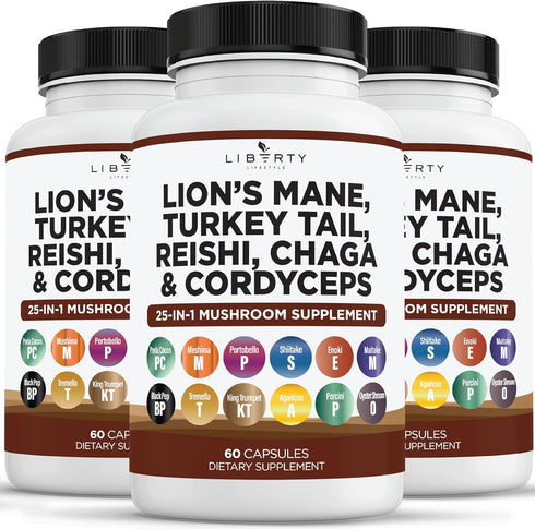 Lions Mane 3000mg 20in1 Mushroom Supplement - Turkey Tail 2000mg, Reishi 1000mg, Cordyceps, Chaga 1000mg - 3 Pack