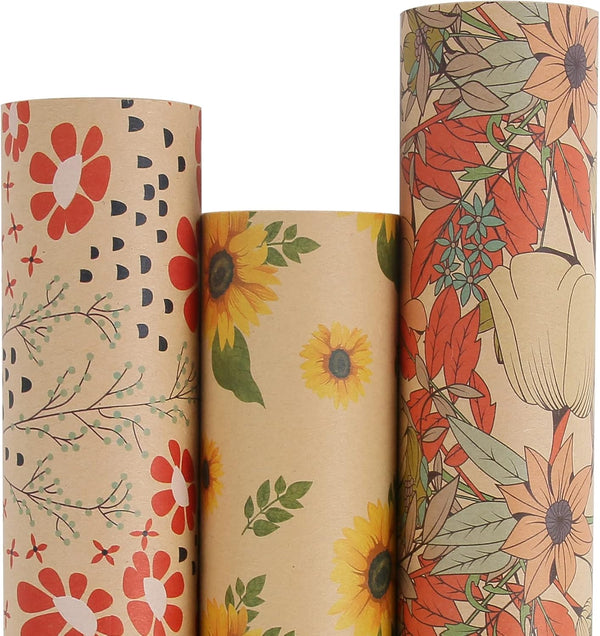 Aimyoo Kraft Floral Wrapping Paper Bundle, 3 Rolls, 17 in x 10 ft per Roll, Vintage Spring Flowers Gift Wrap