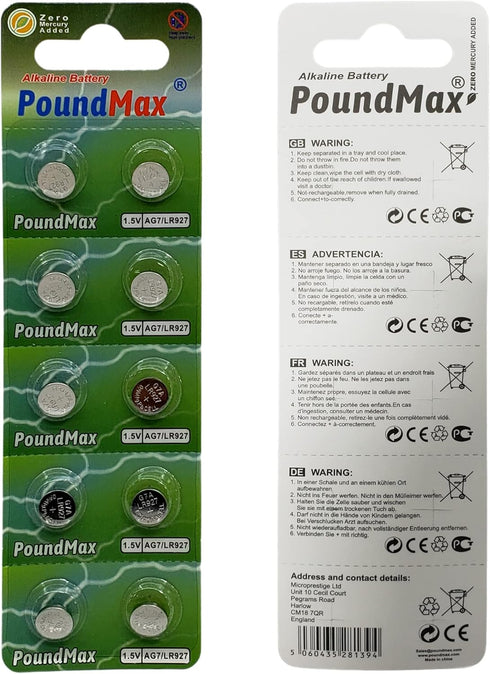 PoundMax AG7 LR927 1.5v 10 Count Batteries Alkaline Button Cell Battery