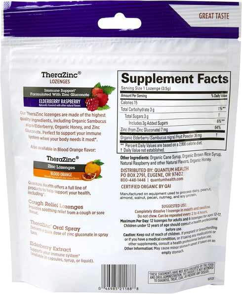 Quantum Health TheraZinc Organic Zinc Lozenges Elderberry Sambucus Raspberry & Honey Immune Support for Adults & Kids 12+ Naturally Flavored Fast Relief with No Aftertaste -18 Count (Package may vary)