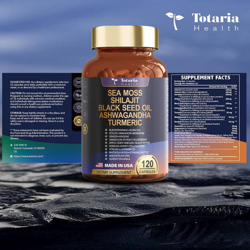 25-in-1 Sea Moss Black Seed Oil Supplement - 120 Caps, 18525mg with Ashwagandha, Ginger, Berberine & More