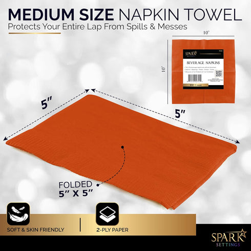 100 Pack Orange Beverage Napkins, 2 Ply Big Party Pack, Ideal for Wedding, Party, Birthday, Dinner, Lunch, Cocktails