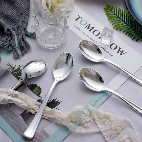 WDF 100 Pack Silver Plastic Spoons Disposable, 6.9 Inch Heavy Duty Spoons for Parties, Weddings