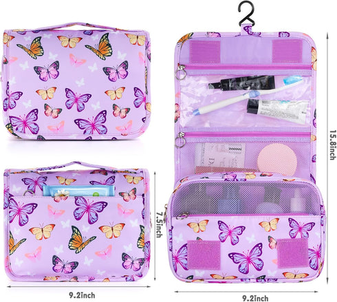 Kids Hanging Toiletry Bag for Girls, Waterproof Travel Makeup Bag for Little Young Girls, Butterfly Purple