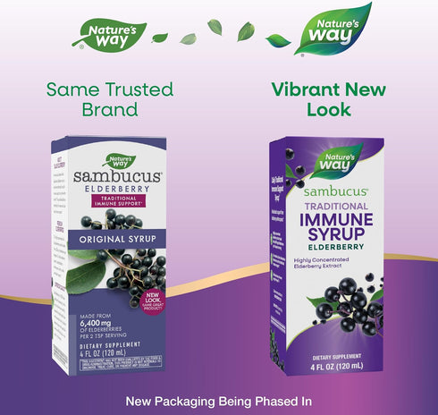Nature’s Way Sambucus Elderberry Traditional Immune Syrup, Highly Concentrated Black Elderberry Extract, Traditional Immune Support*, Delicious Berry Flavored, 4 Fl Oz (Packaging May Vary)