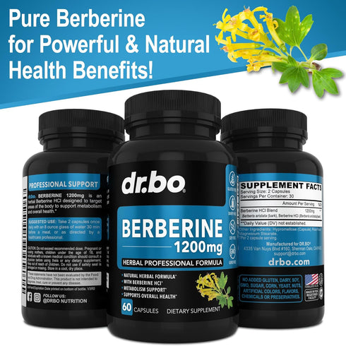 Berberine Supplement Capsules, 1200mg HCL for Healthy Metabolic Support, 60 Pills, Pure Berberine