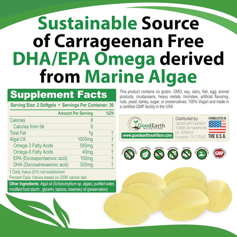 Vegan Omega 3 - Plant Based Algal DHA/EPA - 60 Veggie Softgels for Brain, Heart, Joints & Prenatal Health
