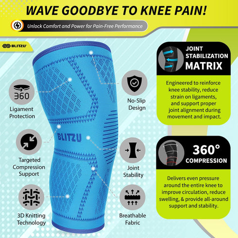 Knee Brace for Women & Men, 2 Pack Compression Sleeve for Pain Relief, Running, Sports, Blue M