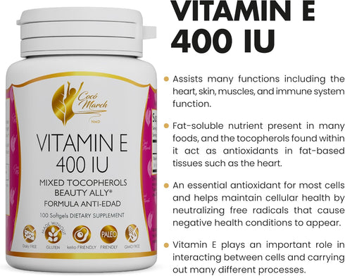 Coco March Natural Vitamin E 400 IU -Mixed Tocopherols, Beauty Ally, 3 Month Supply - Gluten Free, Paleo Friendly, Dairy Free, Keto Friendly, GMO Free, 100 Softgels