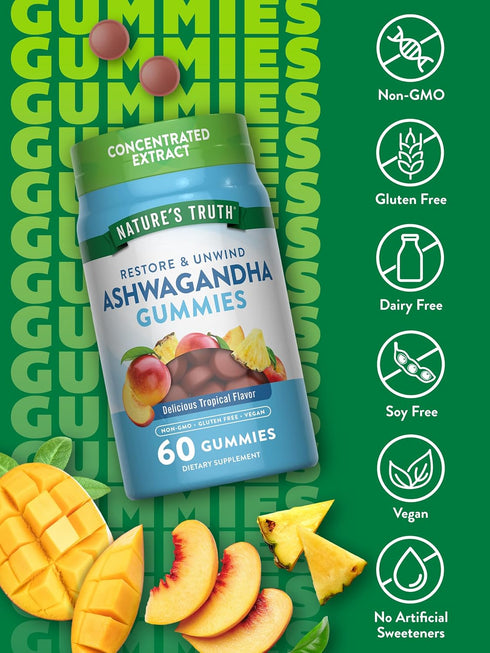 Nature's Truth Ashwagandha Gummies | 60 Tropical Flavor Gummies | Vegan, Non-GMO, Gluten Free Supplement