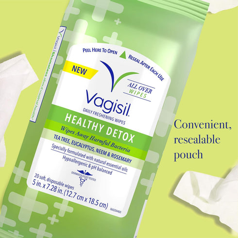 Vagisil Wipes for All Over Cleaning, Health Detox with Essential Oils, 20 Wipes in Re-Sealable Pouch (Pack of 3)