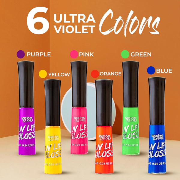 splashes & spills UV Blacklight Lip Gloss - 6 Color Variety Pack, 3.7g for Day or Night Stage, Clubbing Makeup