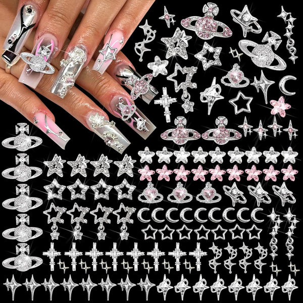 RODAKY 128PCS Silver Nail Charms, Cross Star Charms for Nails, 3D Saturn Planet Nail Jewelry, Pink Nail Rhinestone Gems
