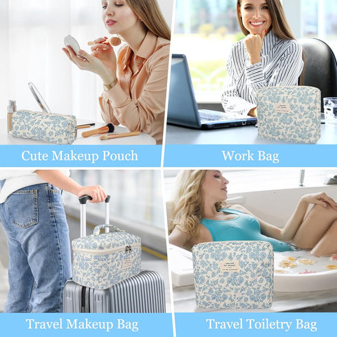 Makeup Bag Set, Quilted Large Floral Cosmetic Bag for Women, Cute Cotton Travel Toiletry Organizer Bag
