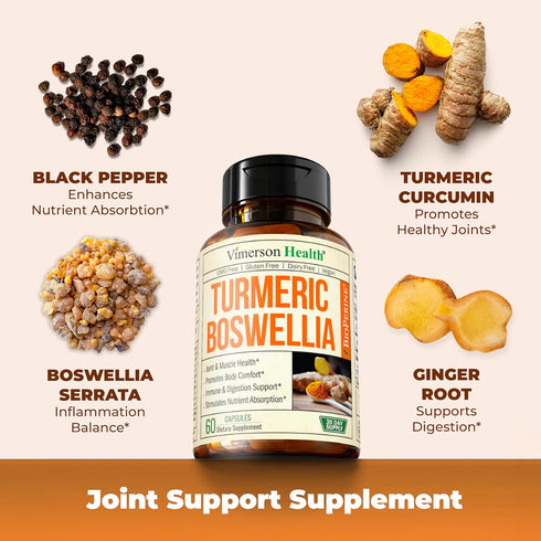 Turmeric Supplement with 65% Boswellia Extract Capsules - 60 Turmeric Curcumin Caps with Black Pepper, Organic