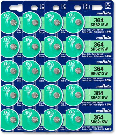 Murata 364 Battery SR621SW 1.55V Silver Oxide Watch Button Cell (20 Batteries)
