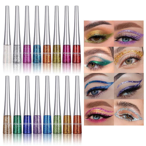 16 Colors Glitter Metallic Liquid Eyeliner Set, Waterproof Long Lasting Eye Makeup Gift Kit for Women