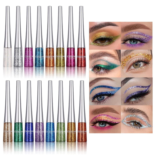 16 Colors Glitter Metallic Liquid Eyeliner Set, Waterproof Long Lasting Eye Makeup Gift Kit for Women