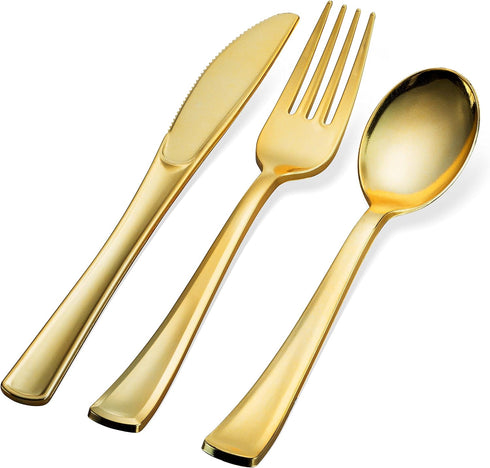 200 Gold Plastic Silverware Set, Heavy Duty Disposable Cutlery - 100 Forks, 50 Spoons, 50 Knives for Party Bulk