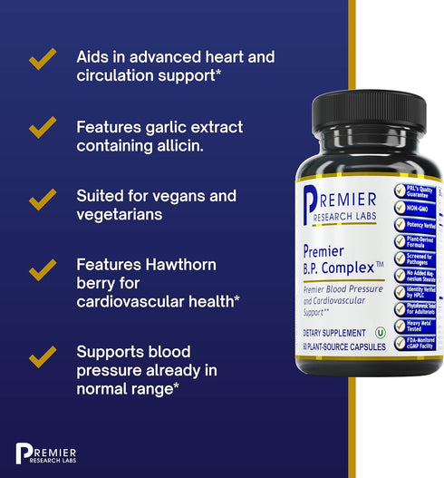 Premier Research Labs BP Complex - 60 Plant-Source Capsules for Heart Health with Garlic, Hawthorn, Olive Leaf & Reishi