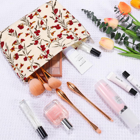 2Pcs Daisy Flower Makeup Bag, Large Floral Cosmetic Pouch Set for Women, Portable Toiletry Bag