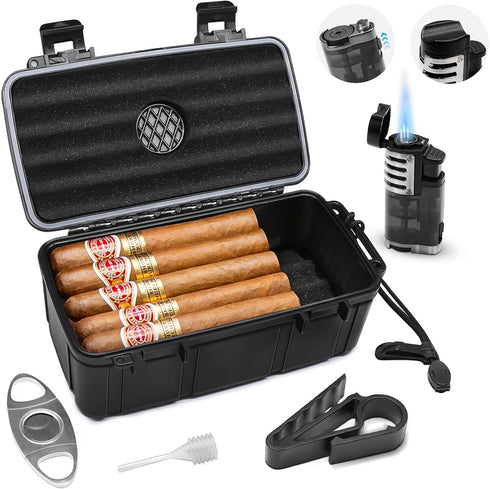 Flauno Travel Cigar Humidor - Portable Cigar Case Kit with Lighter (Without Gas), Cutter, Holder, Humidifier & Dropper,