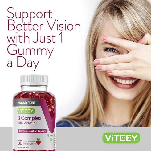 Vitamin B Complex Gummies with Vitamin C, Sugar Free, Vegan, Tasty Chewable Strawberry Flavored Gummy