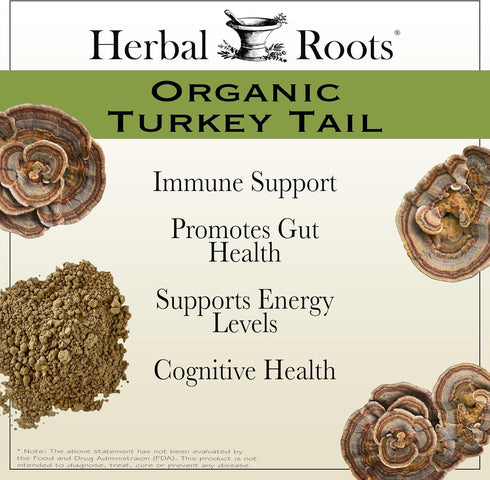 Immune 60 Herbal Roots Organic Turkey Tail Mushroom Supplement - Fruiting Bodies Extract - Support - Vegan Non GMO