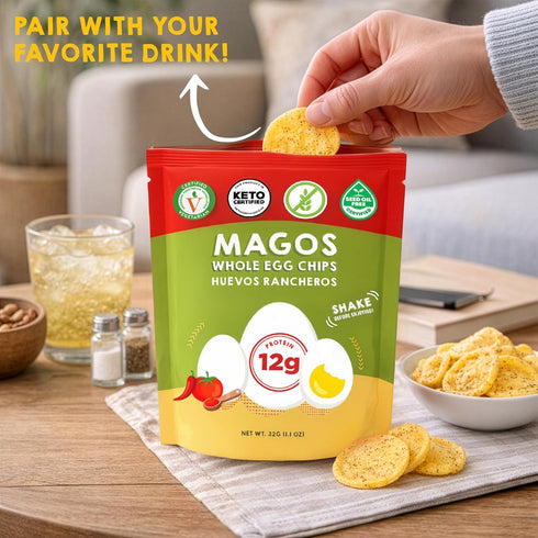 Pack 1.1 oz (12-Pack) Magos Egg Chips Variety Healthy Snack, High Protein Low Carb, Light Cracker-Style Crunch, Bags