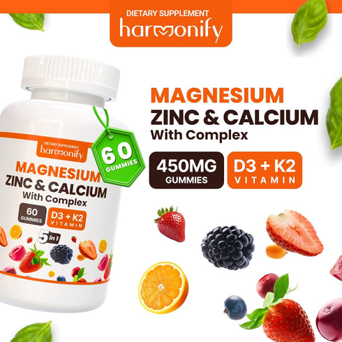 Magnesium Calcium Zinc with Vitamin D3 & K2 Gummies, Multivitamin for Bone Strength, 30 Days Serving
