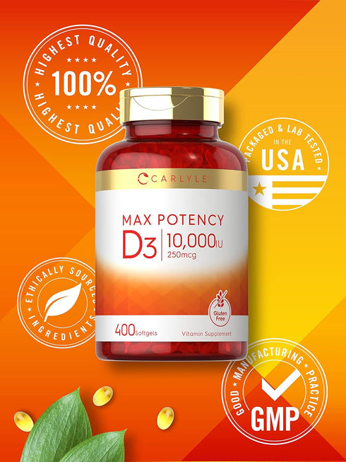 Carlyle Vitamin D 10000 IU, 400 Softgels, Value Size, Max Potency, Non-GMO & Gluten Free Supplement